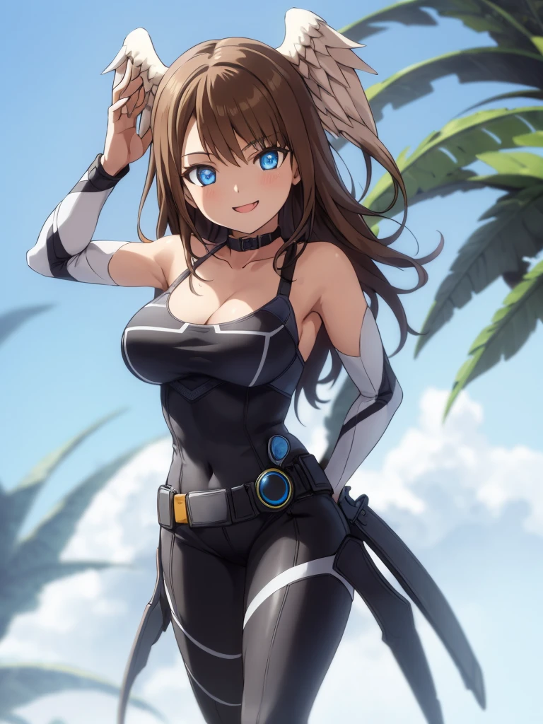 1girl, solo, HDR,  sharp focus,  (8k),  (4k),  masterpiece,  best quality,  extremely detailed,  detailed skin,  hyper detailed,  sharp focus,  perfect eyes,  high quality,, best quality, eunie,1girl,brown hair,  head wings, blue eyes, big breasts, perfect hands, smile, bikini, cute,