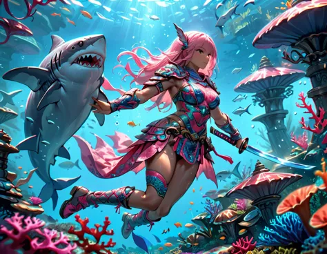 , a wide angle picture of a female human druid swimming along her pet shark, priest of underwater nature, cleric of underwater n...
