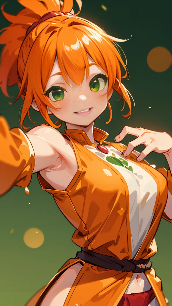 1 名女孩、8千、清晰聚焦、(散景) (最好的质量) (细致的皮肤:1.3) (复杂的细节) (日本动画片)、橙色的衣服、橙色头发、马尾辫、美丽的绿眼睛、邪恶的微笑、缠腰布、虾吉祥物、上半身特写