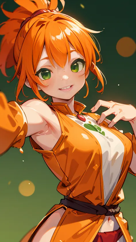 1 Girl、8K、Sharp focus、(Bokeh) (Highest quality) (Detailed skin:1.3) (Intricate details) (anime)、Orange clothes、Orange Hair、ponyt...