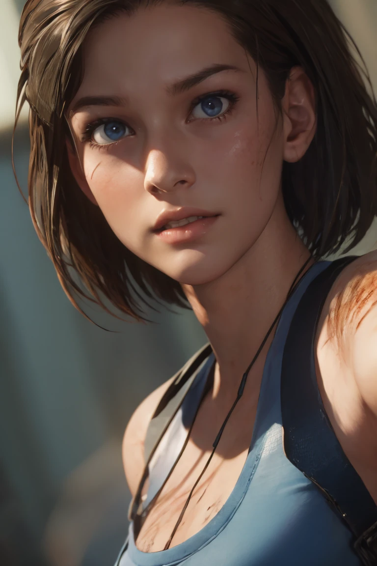 masterpiece, jill valentine, RE3 Remake, blue eyes:0.3, brown hair, oval face, long bob hair, dirt stains, portrait, 