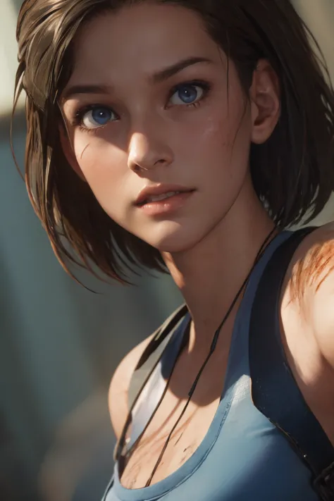 masterpiece, jill valentine, re3 remake, blue eyes:0.3, brown hair, oval face, long bob hair, dirt stains, portrait,