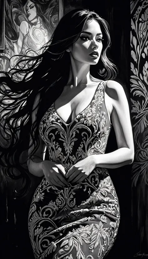 eroticism, sexy, black and white image, curvy girl, long black hair,embroidered sexy dress, between shadows, oil painting, chiar...