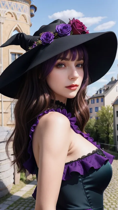 a beautiful girl, perfect face, arms at sides, ultra high res, upper body:1.5, lisa (genshin impact), purple witch hat, green ey...