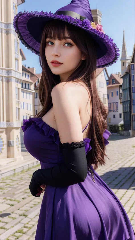 a beautiful girl, perfect face, arms at sides, ultra high res, upper body:1.5, lisa (genshin impact), purple witch hat, green ey...