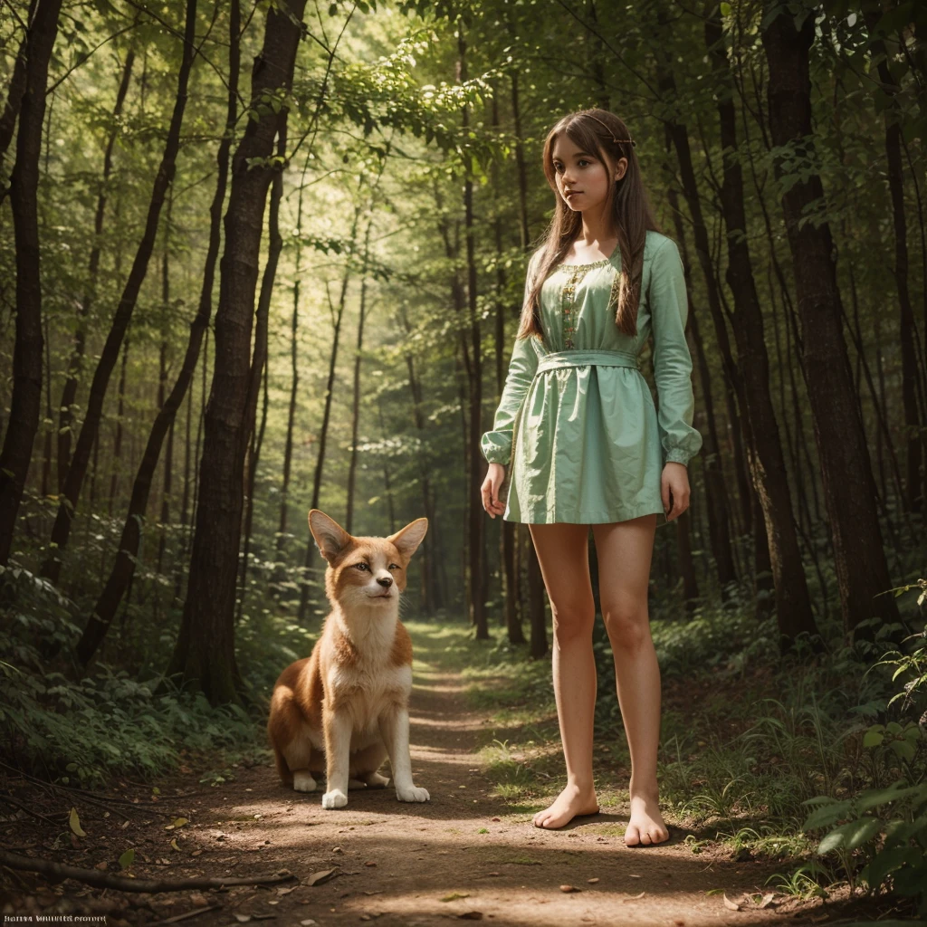 关于一个女孩的童话插图., 站在森林里, 谁能和动物说话?