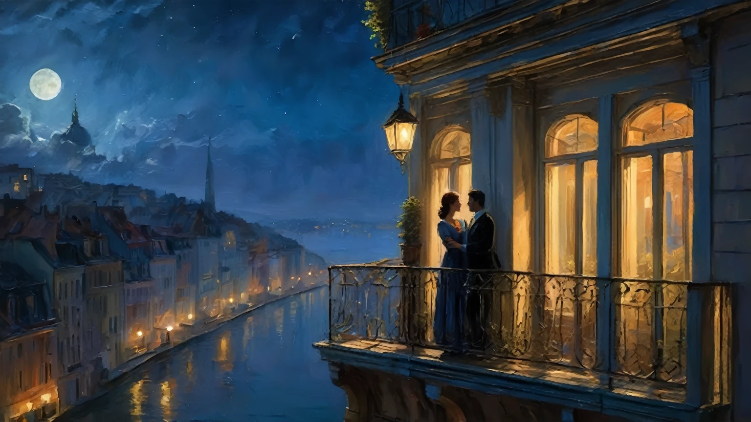 a couple standing on a balcony looking out at the city, inspired by Evgeny Lushpin, by Evgeny Lushpin, romantic painting, by Alexander Kucharsky, by Marek Okon, by Krzysztof Boguszewski, romantic scene, by László Balogh, balcony scene, style of raphael lacoste