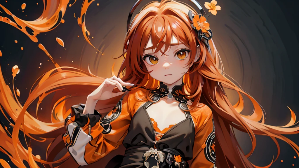 an orange and black image with several small flowers scattered throughout the image with highly detailed orange and black tones ,8K ,ultra HD , 