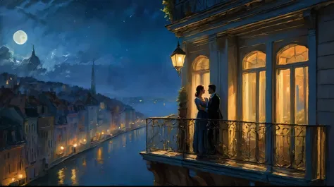 a couple standing on a balcony looking out at the city, inspired by evgeny lushpin, by evgeny lushpin, romantic painting, by ale...