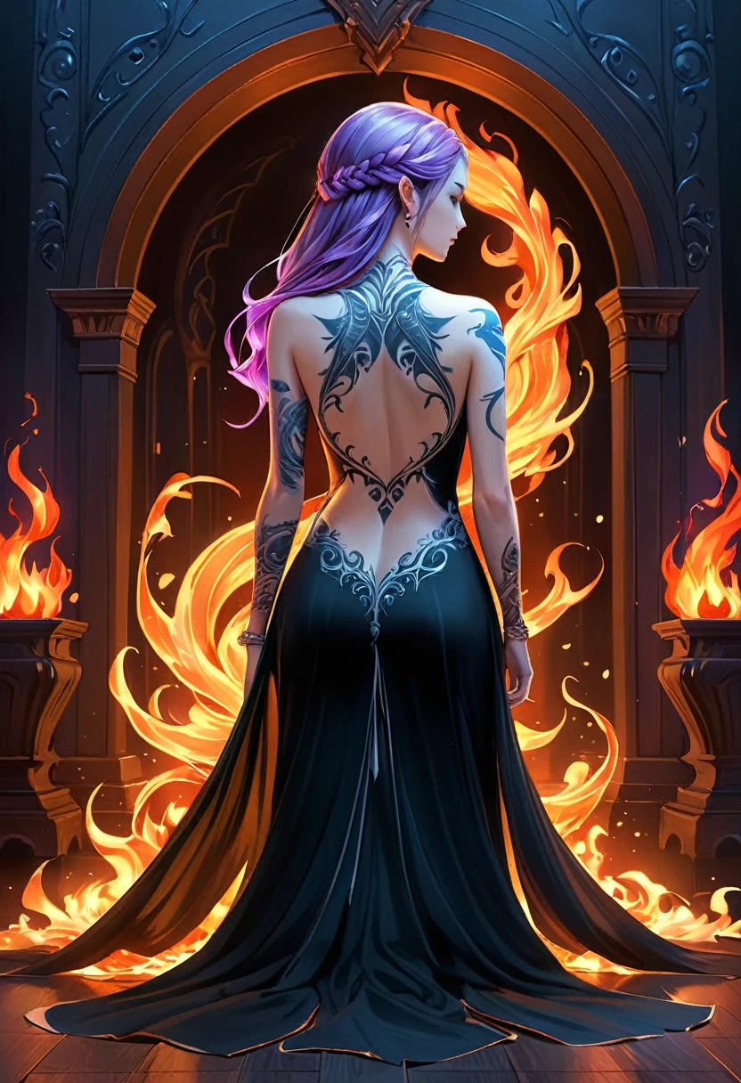 Arafed, Dark fantasy art, fantasy art, goth art, a picture of a ((shark tattoo: 1.5)) on the back of a female elf, a glowing tattoo of a ((shark: 1.3)) on the elf's back, the ((shark tattoo)) is vivid, intricate detailed coming to life from the ink to real life, GlowingRunesAI_purple, ((fire surrounds the shark: 1.5)), shoot taken from the back, ((the back is visible: 1.3), she wears a transparent black dress, the dress is elegant, flowing, elven style, that the tattoos glow, dynamic hair color, dynamic hair style, faize,, Digital Painting