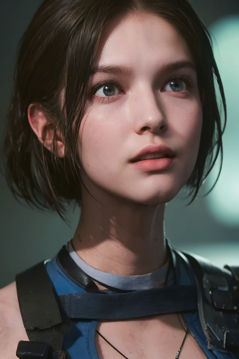 masterpiece, jill valentine, RE3 Remake, blue eyes:0.3, brown hair, oval face, long bob hair, portrait,