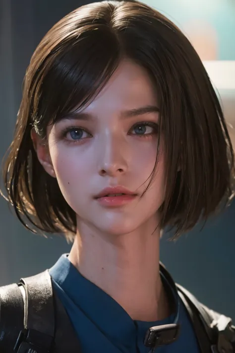 masterpiece, jill valentine, re3 remake, blue eyes:0.3, brown hair, oval face, long bob hair, portrait,