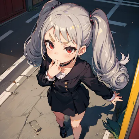 Young girl with grey hair, ((fringed and curly hair)),((curly short twintail)), curly hair ,(red eyes),, ((small bushy eyebrows)...