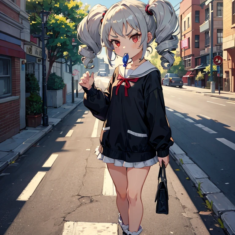 Young girl with grey hair, ((fringed and curly hair)),((curly short twintail)), curly hair ,(red eyes),, ((small bushy eyebrows)), wearing gothic lolita clothing, lolicon , walking to school, bored look, bored face,,  cum bubbling out her mouth, in a street, girl giving a  handjob to a naked male with a hand , standing in a street