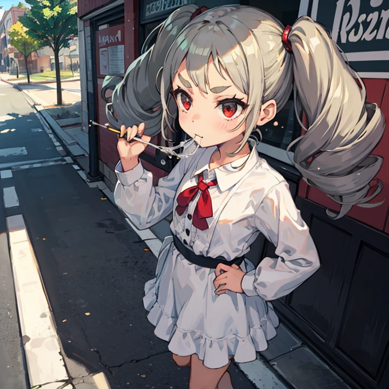 Young girl with grey hair, ((fringed and curly hair)),((curly short twintail)), curly hair ,(red eyes),, ((small bushy eyebrows)), wearing gothic lolita clothing, lolicon , walking to school, bored look, bored face,,  cum bubbling out her mouth, in a street, girl giving a  handjob to a naked male with a hand , standing in a street