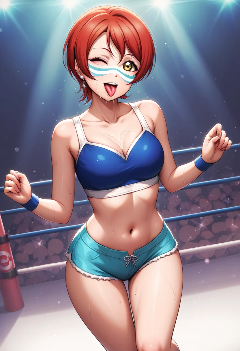 Masterpiece, realistic art,sksrin, beautiful , facial details, 8k wallpaper, Rin Hoshizora Love Live, short hair, white gym bra, micro shorts , wrestling outfit,(lipstick:0.8), (face paint:1.2),Fascinated by her beauty ,wink, moist skin,thin waist ,short girl, skindentation , tongue out, open mouth 