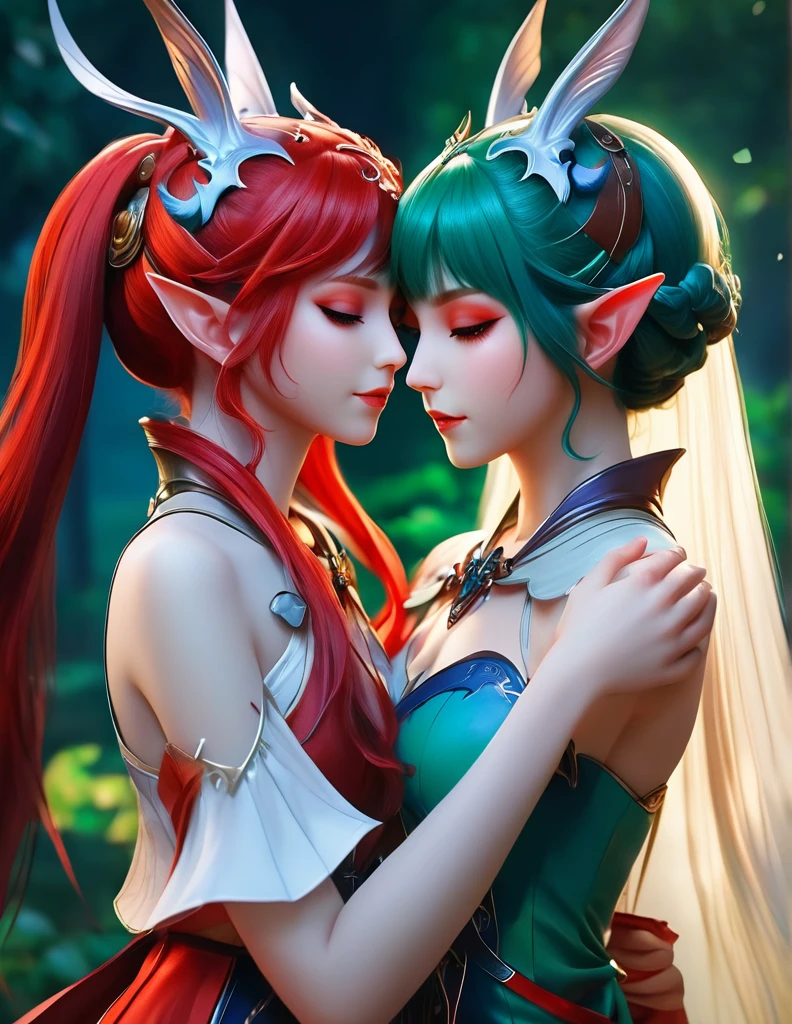 quality(8k wallpaper of extremely detailed CG unit, ​masterpiece, hight resolution, top-quality, top-quality real texture skin,hyper realisitic, digitial painting,increase the resolution,RAW photos，best qualtiy,highly detailed,the wallpaper),BREAK,8K, onmyoji-style art,  elf Girl and  elf girl ,  hugging, blue and red hair, dress, colorful makeup, green eyes 
 