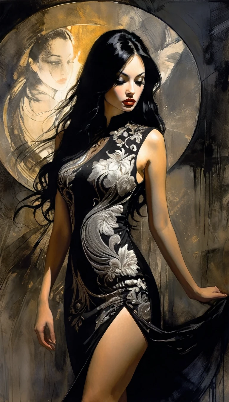 eroticism, sexy, black and white image, very curvy girl, long black hair,embroidered sexy dress, between shadows, oil painting, chiaroscuro, sensual, dramatic lighting, moody atmosphere, photorealistic, intricate details, masterpiece, ultra-detailed, high quality, 8k, best quality, realistic, cinematic, dark and brooding, expressionistic, powerful composition, emotional impact, Bill Sienkiewicz inspired art
