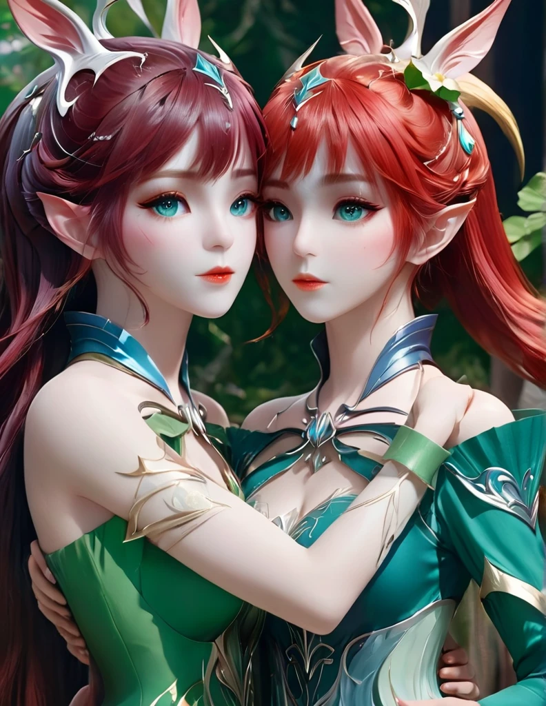 quality(8k wallpaper of extremely detailed CG unit, ​masterpiece, hight resolution, top-quality, top-quality real texture skin,hyper realisitic, digitial painting,increase the resolution,RAW photos，best qualtiy,highly detailed,the wallpaper),BREAK,8K, onmyoji-style art,  elf Girl and  elf girl ,  hugging, blue and red hair, dress, colorful makeup, green eyes 
 