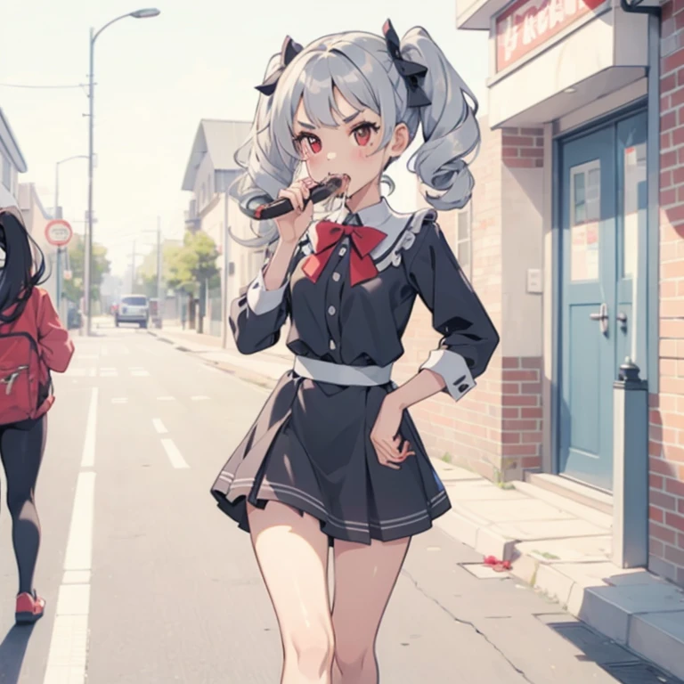 Young girl with grey hair, ((fringed and curly hair)),((curly short twintail)), curly hair ,(red eyes),, ((small bushy eyebrows)), wearing gothic lolita clothing, lolicon , walking to school, bored look, bored face,,  cum bubbling out her mouth, in a street, girl giving a  blowjob handjob to a naked male with a hand , standing in a street, (girl masturbating a penis, she standing)