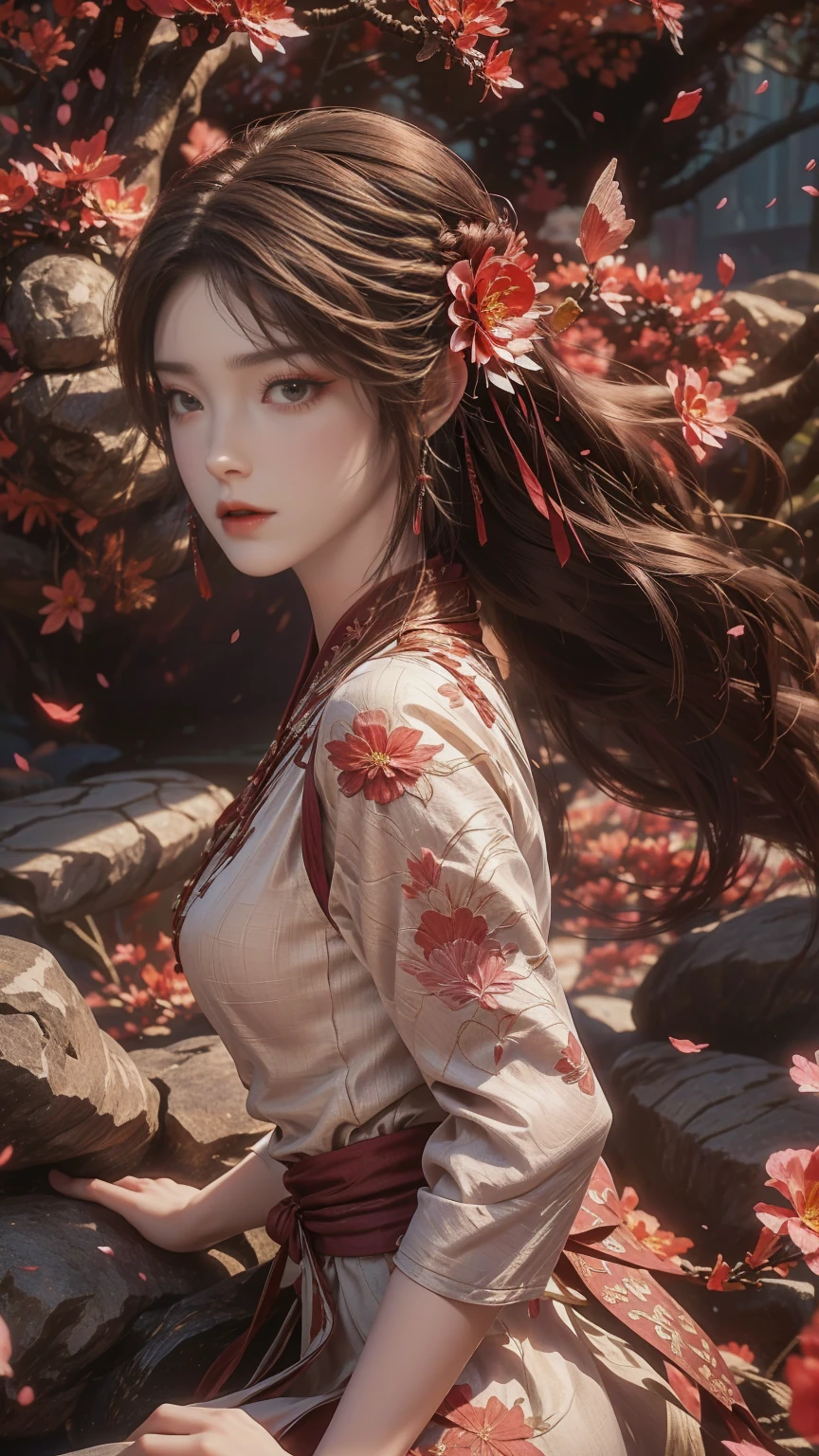 Une belle femme aux courbes parfaites portant une robe longue qui flotte doucement dans les airs,La belle femme était allongée dans une mer de belles fleurs qui l&#39;entouraient, Chinois (Traditionnel, son corps flexible augmente à chaque mouvement, Tellement enchanteur, la faible lueur des bougies, les papillons brillants combattant l&#39;obscurité de la nuit, la lumière de la lune, Le vent de la nuit souffle sur les rideaux, les pétales de fleurs roses , des pétales de fleurs volent dans la pièce, Danse chinoise, Cette femme est si belle qu&#39;elle attire tous ceux qui la regardent, La Chine ancienne, impératrice impériale 