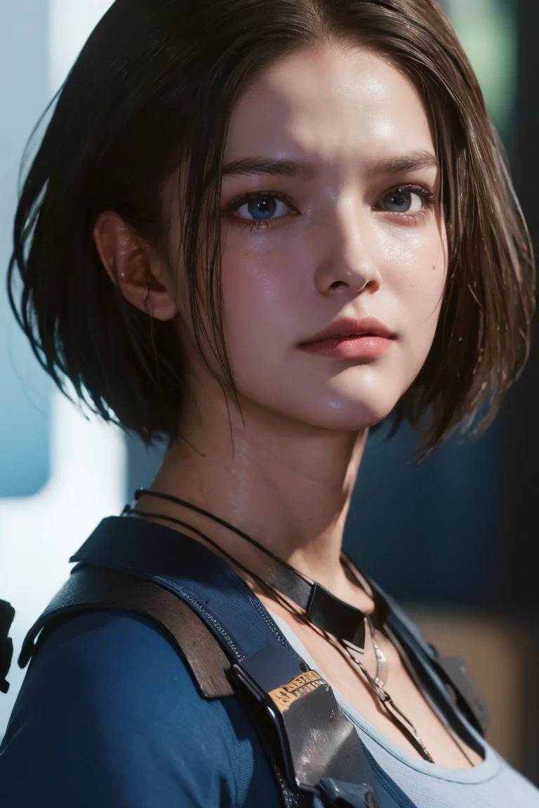 masterpiece, jill valentine, RE3 Remake, blue eyes:0.3, brown hair, oval face, long bob hair, portrait,