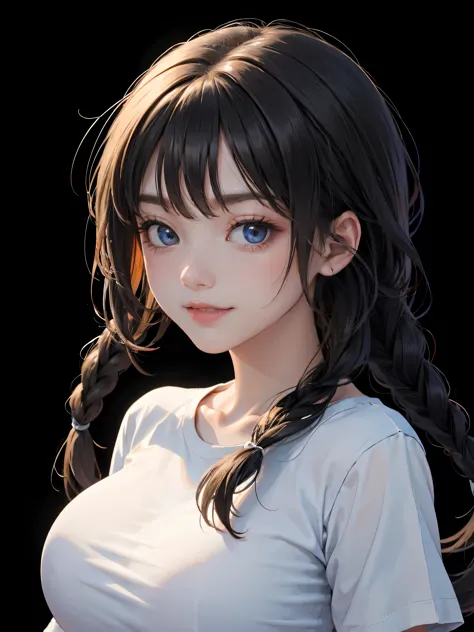 detailed eyes ,huge breasts , braided hairstyle , portrait , white t-shirt , black background , black hair , smile , black eyes