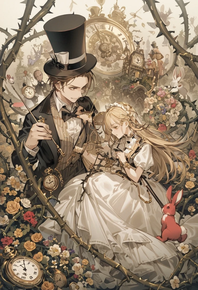 Mr. Rabbit，Pocket Watch，clock，pointer，Sea of Flowers，Top Hat，Dress，thorns，gold，hurry up，hurry up，The time is coming，Fantasy，Alice in Wonderland，Dinner