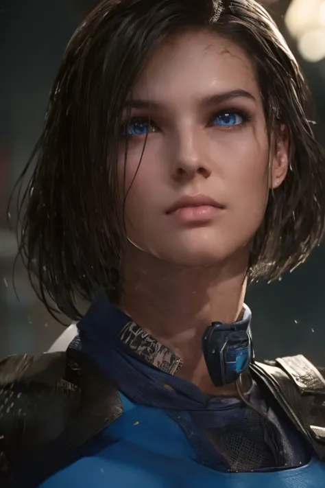 masterpiece, jill valentine, re3 remake, blue eyes:0.3, brown hair, oval face, long bob hair, portrait,