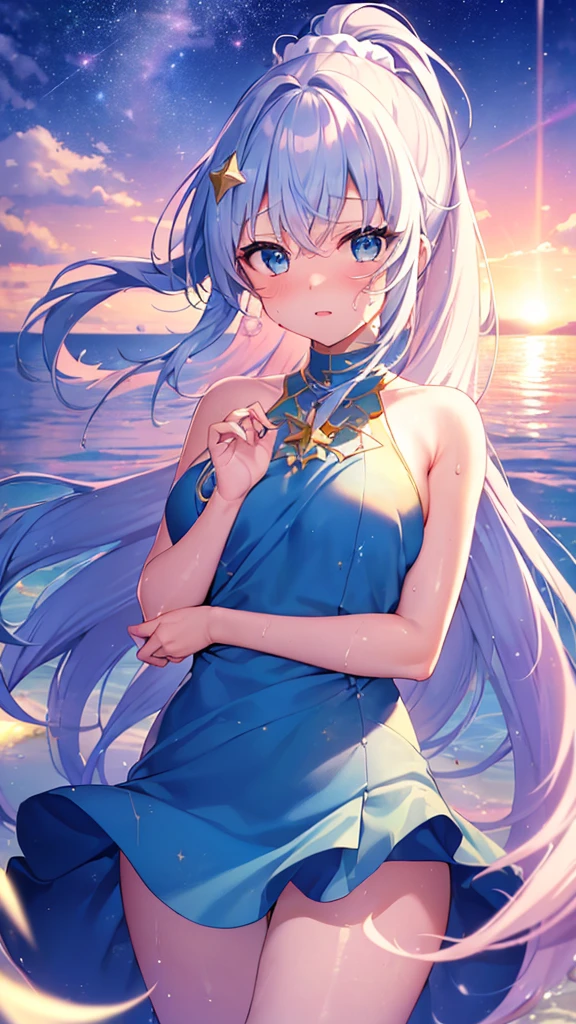 1lady, solo, the best、masterpiece, high quality, High precision,Highly detailed 8K , Uyuni salt lake、horizontal line、White Knight、Reflective water surface、In the wide sea, long blue hair, Lower ponytail ,white scrunchie, pink star head ornament, lighr blue eyes, (,Flushed skin)、Hair blowing in the wind、Shiny Hair、Glowing Skin、thick pink lips, beautiful spotlight, light blue crilled  bikini,  (Wide sky、infinity mirror、Beautiful sea), cobalt blue Sarong pass,long sarong pass, (Sweat runs down your chest)、(defenseless、Beautiful eyes illuminated by the light、Shiny Hair、Reflected Eyes, (Red face:1),(CG paintings with attention to detail),(Perfect image), Before menarche, Colorful sky、Contrail、shooting star、rainbow、Aurora、Solar flare, spray, bubble, tall stature, glamorous, ,nsfw,(ecstasy:1.3) ,(slut:1.2),(vulgarity:1.3),(fucked silly:1.1),(steam:1.1),(wet:0.8),(trembling:0.8),(tears:0.7) ,(drooling:0.6),(sweat:0.8), (embarrassed,blush:1.3)