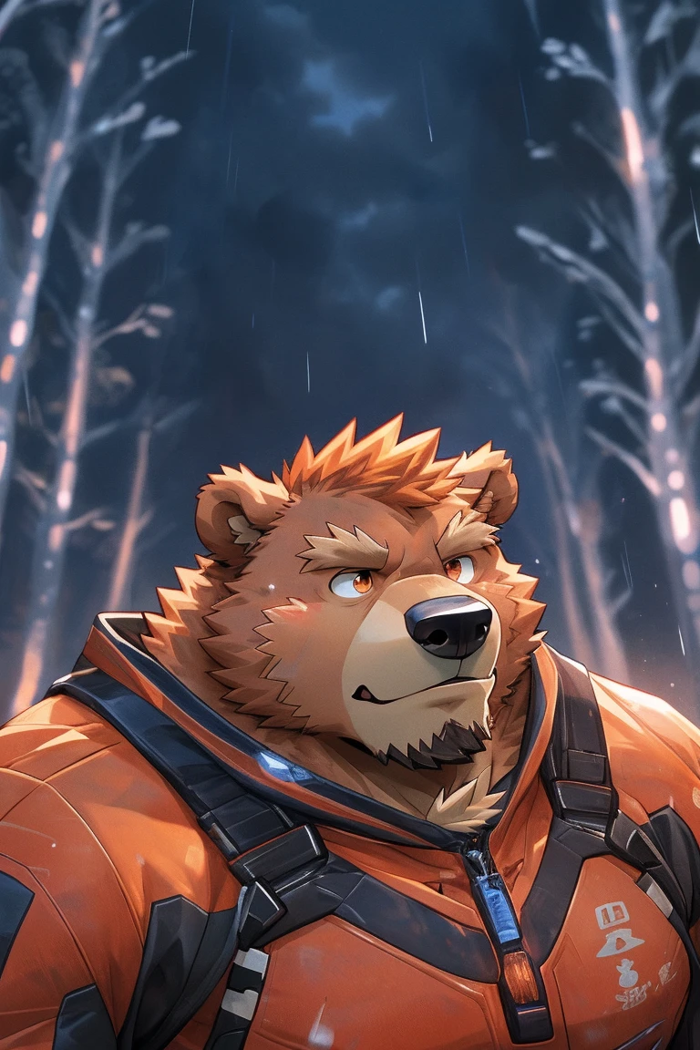 human nature, Wildlife, male,36 years old，Uncle， solitary, ((Round Face, The face is plump,Orange eyes,Thick orange hair，With scars)), ((Endomorph, Handsome，Hot Blood)), （Mecha suit，No electricity，exhaustion), ((domestic 熊, Bear Orc，) Fluffy fur, Fluffy), Bokeh, (high quality, high resolution, masterpiece), (Dynamic Lighting, Vibrant colors), (Revitalize，harm，Disdain), Full body picture (close up), cartoon, author：Takemoto Arashi, From zixiong, By Chunni, author：Empty Ghost，（background：Rainy forest）