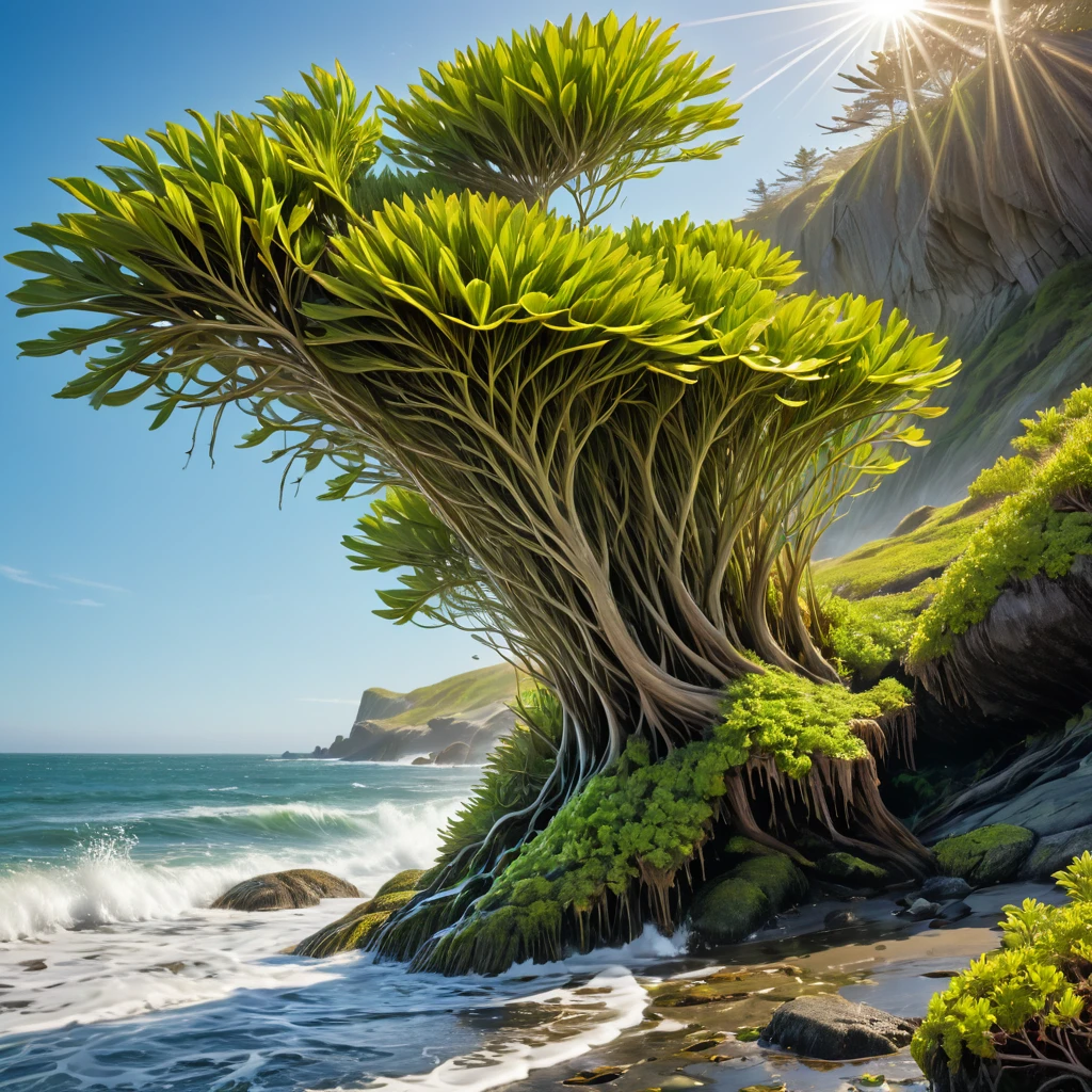 创建自然沿海环境中的海藻图像. 场景应该描绘一个崎岖的, 风吹过的海岸线，海浪冲击着风化的岩石. 密集的囊藻丛应该覆盖潮间带的岩石, 延伸到清晰, 凉水. 海藻的特点是长, 绿褐色的叶子，有独特的气囊，可以帮助它漂浮. 突出其树枝和膀胱的复杂图案, 让它看起来空灵. 氛围应该捕捉沿海荒野的原始之美, 阳光下，鱼儿闪闪发光，背景中还有大海的声音.