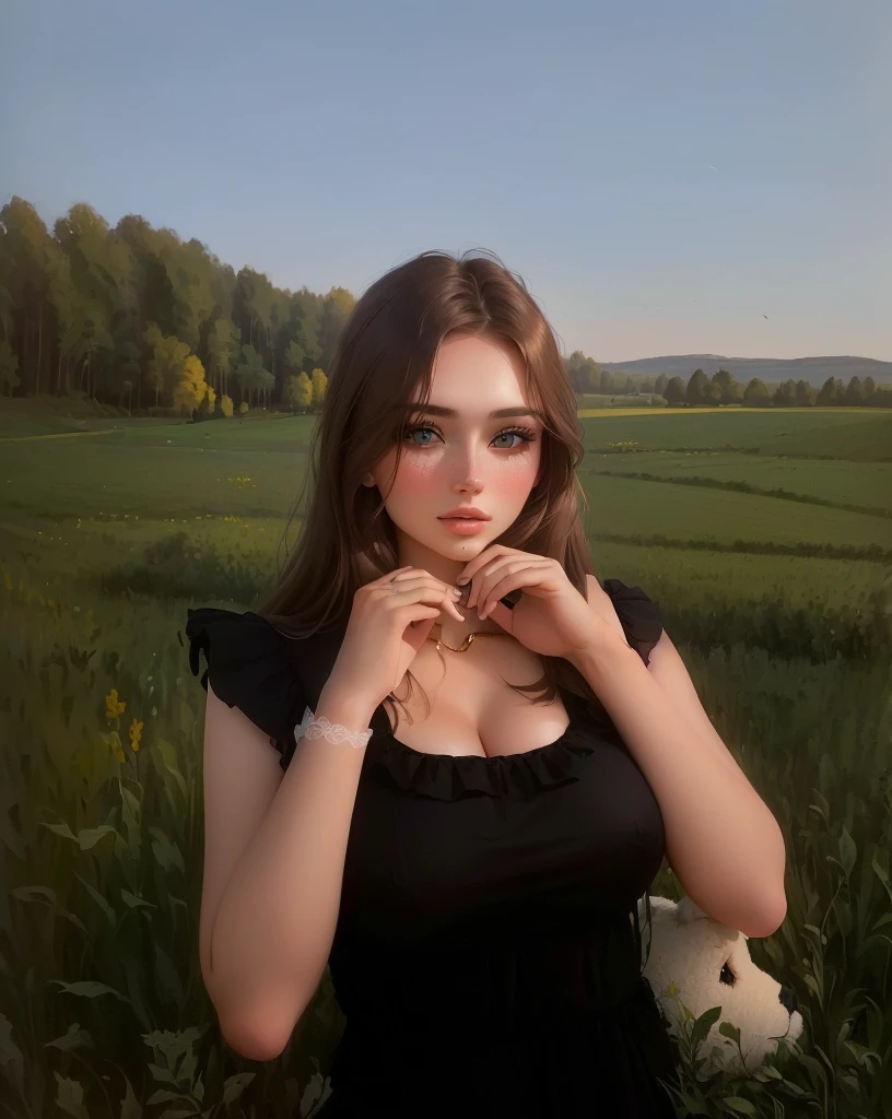 there is a woman posing on a field with a stuffed animal, Anna Nikonova aka Newmilky, Lovely woman, in the countryside, olga buzova, attractive girl, russian bride, Alina Ivánchenko, Anastasia Ovchinnikova, on a field, Amazing beauty, young woman, brown hair and big eyes, Portrait Sophie Mudd, Perfect face )