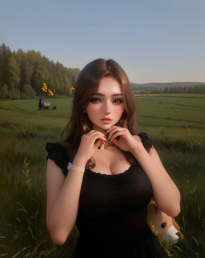 there is a woman posing on a field with a stuffed animal, Anna Nikonova aka Newmilky, Lovely woman, in the countryside, olga buzova, attractive girl, russian bride, Alina Ivánchenko, Anastasia Ovchinnikova, on a field, Amazing beauty, young woman, brown hair and big eyes, Portrait Sophie Mudd, Perfect face )