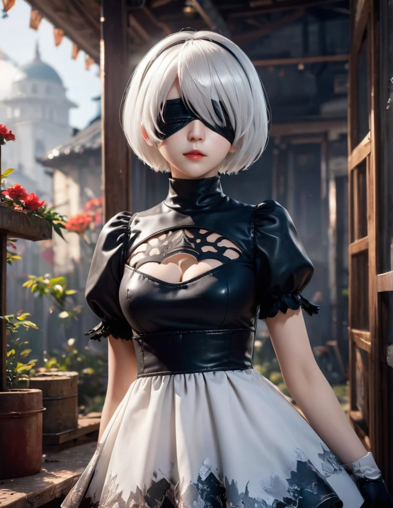 quality(8k wallpaper of extremely detailed CG unit, ​masterpiece, hight resolution, top-quality, top-quality real texture skin,hyper realisitic, digitial painting,increase the resolution,RAW photos，best qualtiy,highly detailed,the wallpaper),BREAK,8K, 2B from anime, 2B girl  , white hair, dress, colorful makeup, eyes covered with patches 
 