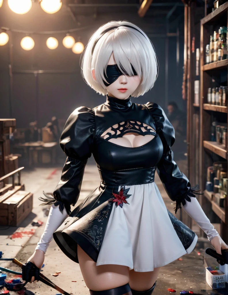 quality(8k wallpaper of extremely detailed CG unit, ​masterpiece, hight resolution, top-quality, top-quality real texture skin,hyper realisitic, digitial painting,increase the resolution,RAW photos，best qualtiy,highly detailed,the wallpaper),BREAK,8K, 2B from anime, 2B girl  , white hair, dress, colorful makeup, eyes covered with patches 
 