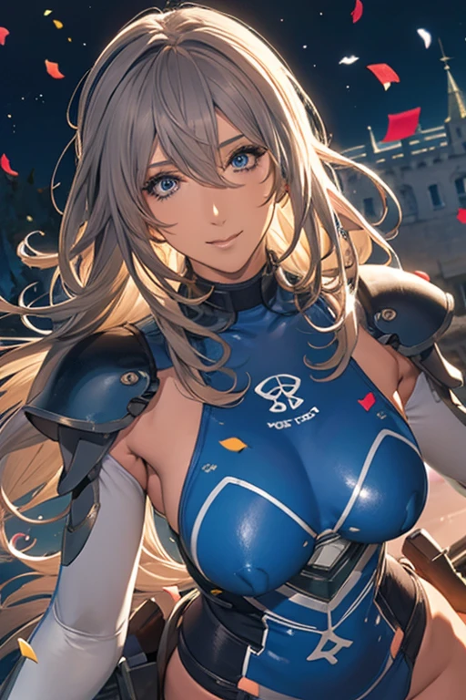 best quality, official art, masterpiece, textile shading, HDR, very detailed, colorful, best details, fantasy, battle suit,2 female, 25 years old and 30 years old, Moonlit night with an old castle in view, long hair, choppy hair, big breast, skinny,Surrounded by a large crowd:1.9、Confetti flutters、Blessed、cameltoe:1.3,