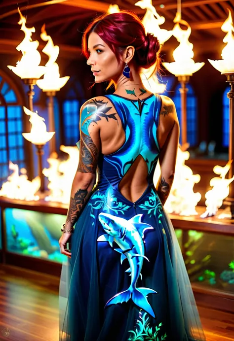 Arafed, a picture of a ((shark tattoo: 1.5)) on the back of a female elf, of  glowing tattoo of a ((blue shark: 1.3)) the shark ...