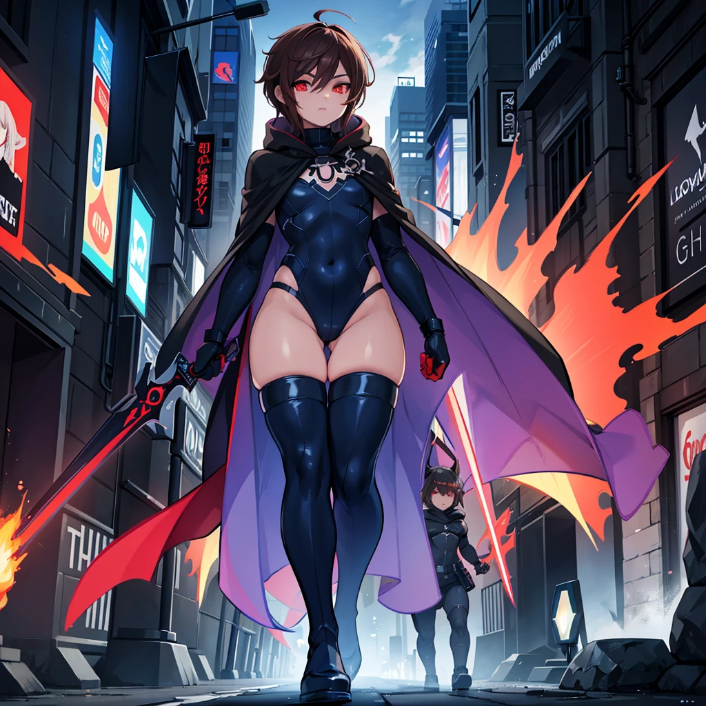 1boy, Femboy, superhero, crossdresser man, teenager, with a dark blue with red accents full body Spandex crow themed suit, with a blue cape, a blue glowing decal in the chest, black gloves and black boots that resemble crow feet, and a hoodie, long technological red sword, brown skinned, red eyes, feminine shoulder length dark brown hair, wide hips, thick thighs , flat chest, narrow waist, walking down street a futuristic city at night ((only one character))