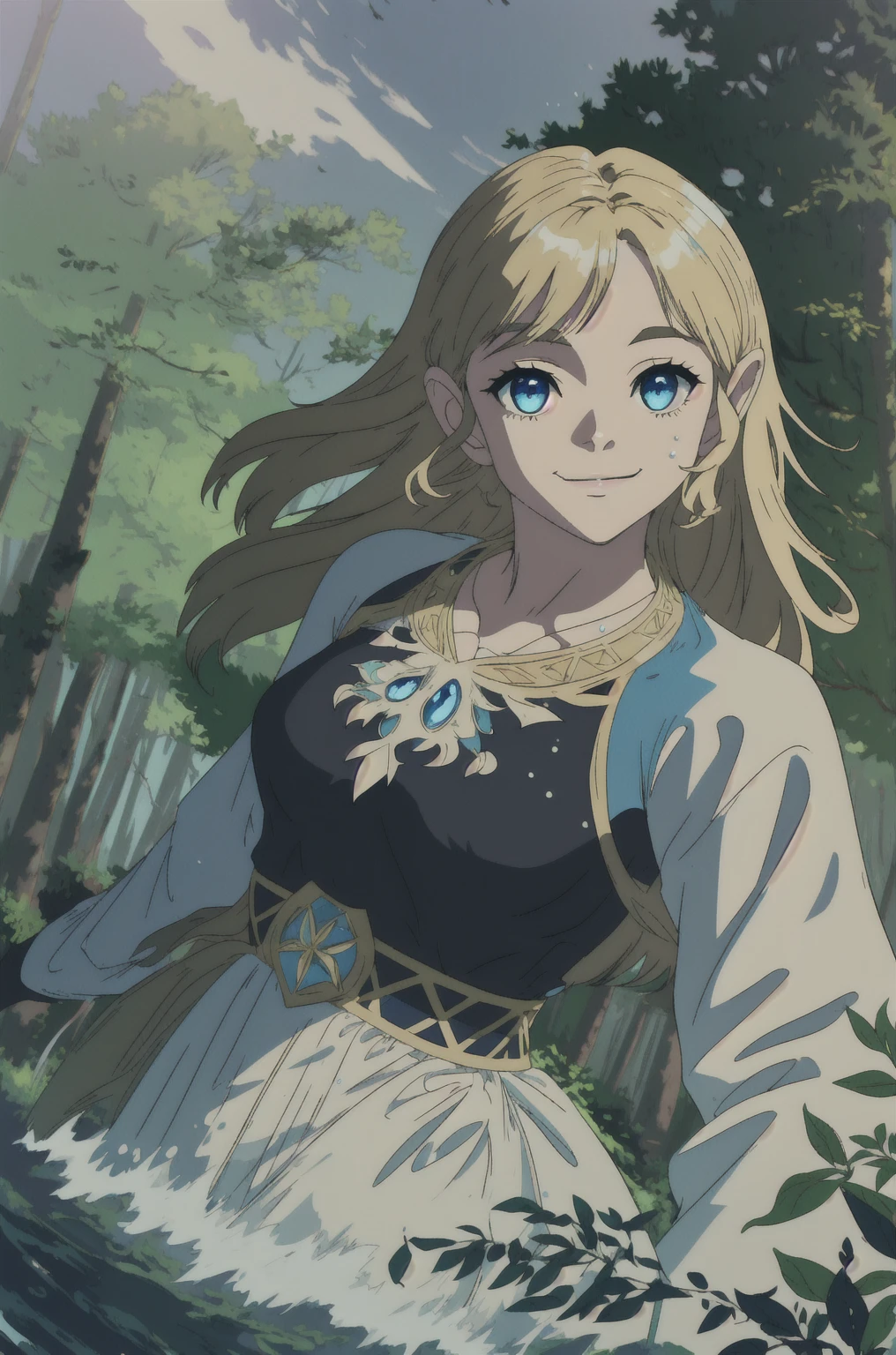 princesse zelda, plain forêt background, chef-d&#39;œuvre, seulement, Meilleure qualité, beautiful yeux, bleu_yeux, blond_cheveux, sourire, moyen_seins, frange,  regarder le spectateur, sourire, bouche fermée, gouttes d&#39;eau, environnement fantastique ultra détaillé, [Montagnes:forêt:0.3], hyper réalisme, 8k, détail clairement élaboré, complexe, Cinématique,  chef-d&#39;œuvre, 1fille,  