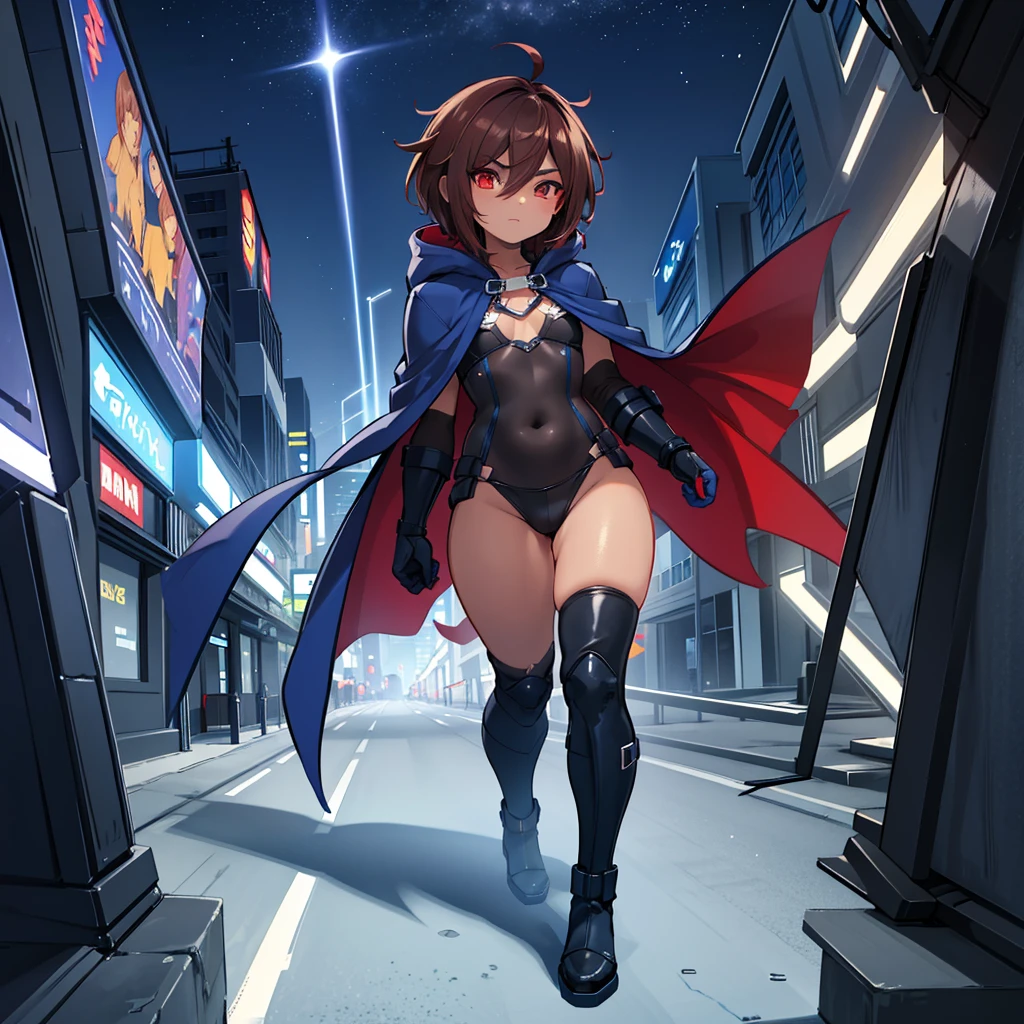 1 menino, femboy, Super heroi, homem crossdresser, Adolescente, com um terno azul escuro com detalhes em vermelho com tema Spandex corvo de corpo inteiro, com uma capa azul, um decalque azul brilhante no peito, luvas pretas e botas pretas que lembram pés de galinha, e um moletom, longa espada vermelha tecnológica, Moreno, olhos vermelhos, cabelo castanho escuro feminino na altura dos ombros, quadris largos, coxas grossas , peito achatado, cintura estreita, andando pela rua de uma cidade futurista à noite ((Apenas um personagem))