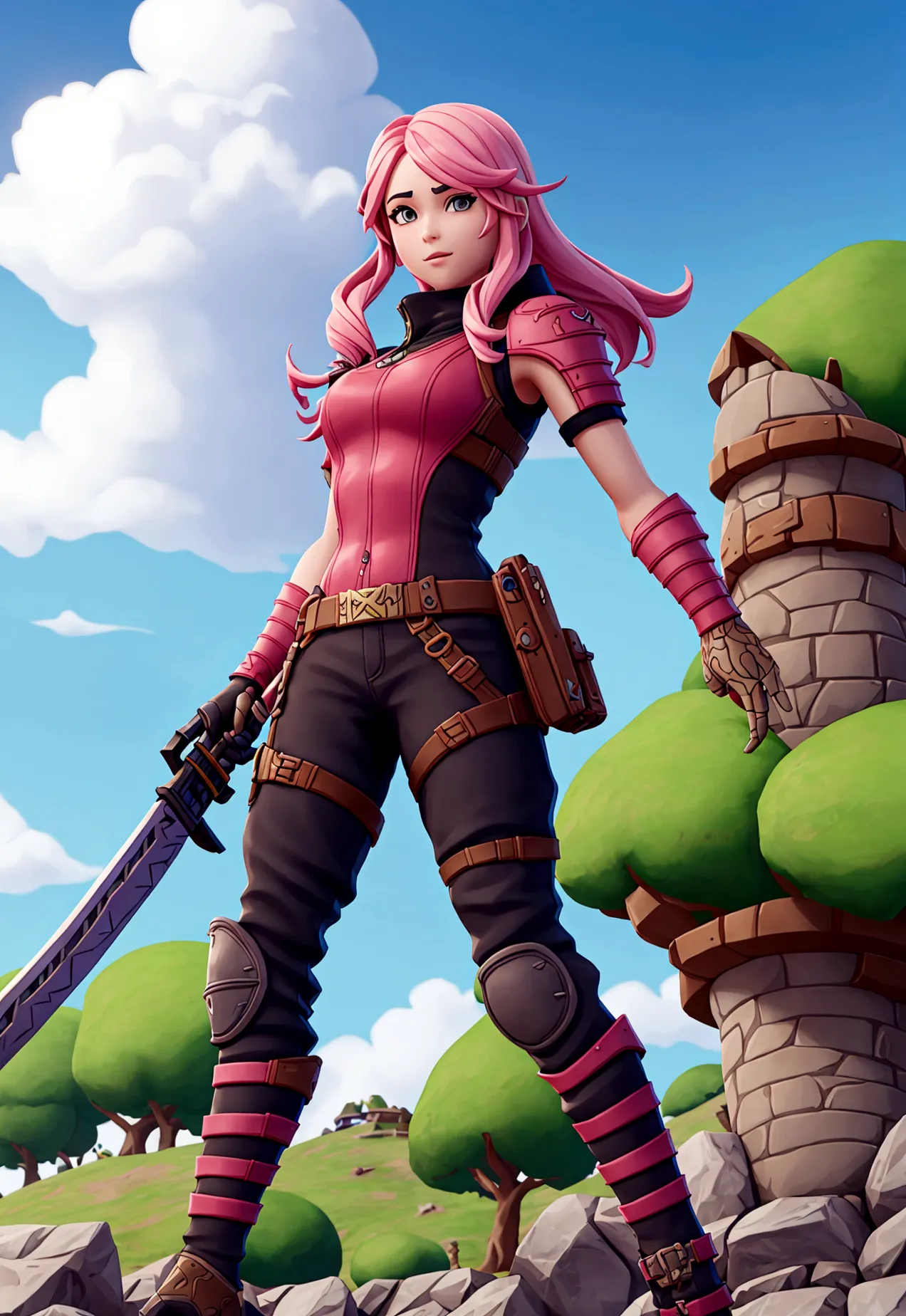 Fortnite and Ghibli style, girl with pink long hair, soilder, white clouthes, magic of beauty, full body, magic katana