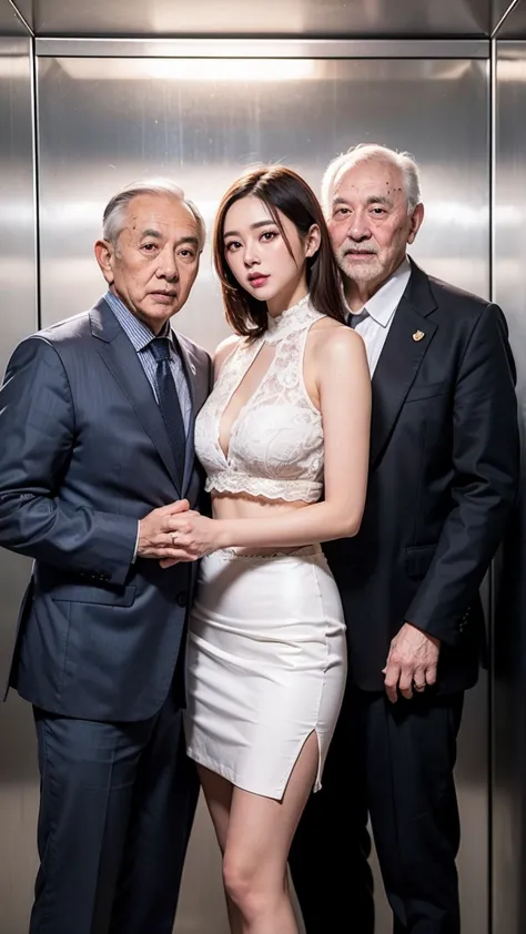 2boys, oldman, Photo of a young asian woman (sandwiched between two old guys), 1girl wearing crop business suit, thigh skirt , t...