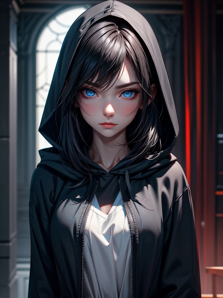 A melancholic beauty, her deep blue eyes shimmering under the moonlight, clad in a black open hoodie. This portrait captures a young woman with dark hair and a touch of sorrow in her gaze. The image is a vivid photograph that beautifully showcases her features. The subtle nuances in her expression, the way her eyes reflect the light, and the contrast of the dark clothing against her pale skin all contribute to the striking composition. The high resolution and attention to detail make this image truly captivating, drawing viewers into the emotional depth of the subject.