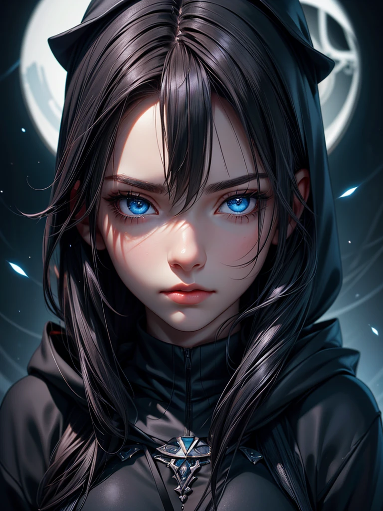 A melancholic beauty, her deep blue eyes shimmering under the moonlight, clad in a black open hoodie. This portrait captures a young woman with dark hair and a touch of sorrow in her gaze. The image is a vivid photograph that beautifully showcases her features. The subtle nuances in her expression, the way her eyes reflect the light, and the contrast of the dark clothing against her pale skin all contribute to the striking composition. The high resolution and attention to detail make this image truly captivating, drawing viewers into the emotional depth of the subject.