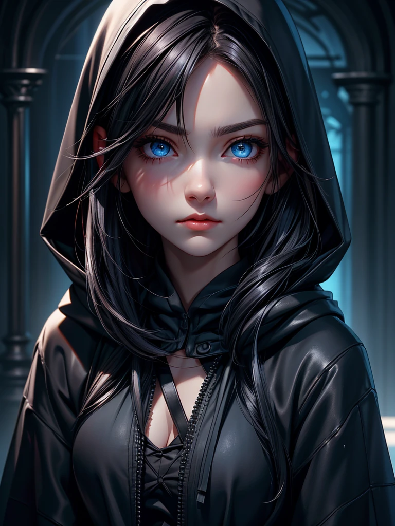 A melancholic beauty, her deep blue eyes shimmering under the moonlight, clad in a black open hoodie. This portrait captures a young woman with dark hair and a touch of sorrow in her gaze. The image is a vivid photograph that beautifully showcases her features. The subtle nuances in her expression, the way her eyes reflect the light, and the contrast of the dark clothing against her pale skin all contribute to the striking composition. The high resolution and attention to detail make this image truly captivating, drawing viewers into the emotional depth of the subject.