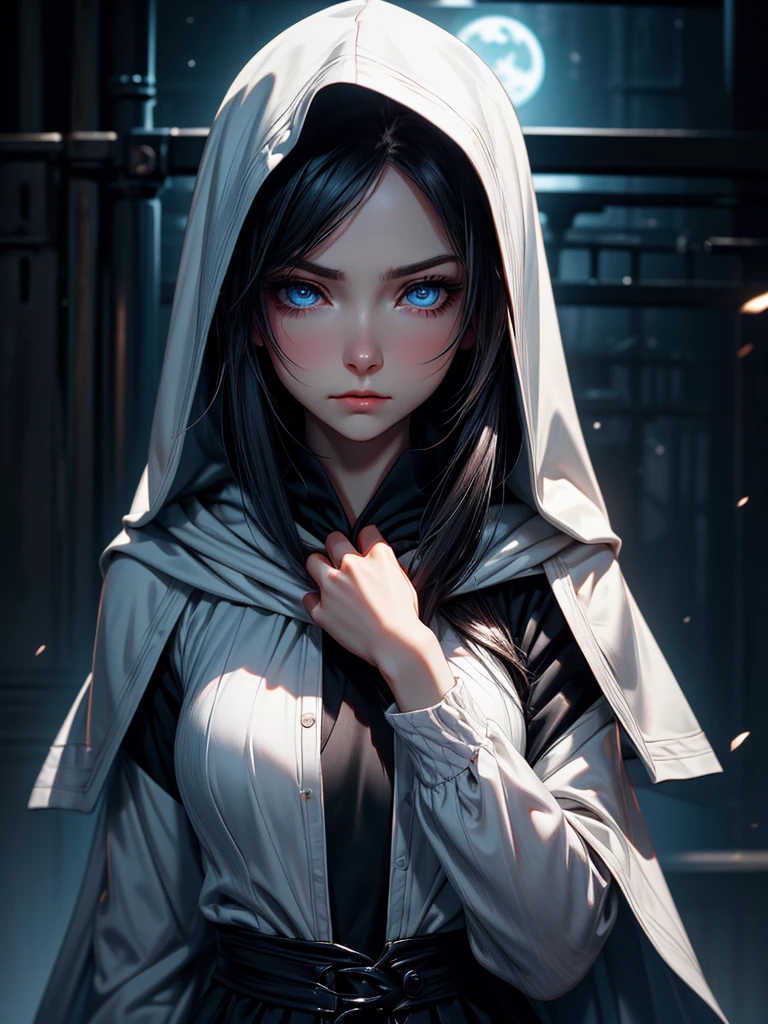 A melancholic beauty, her deep blue eyes shimmering under the moonlight, clad in a black open hoodie. This portrait captures a young woman with dark hair and a touch of sorrow in her gaze. The image is a vivid photograph that beautifully showcases her features. The subtle nuances in her expression, the way her eyes reflect the light, and the contrast of the dark clothing against her pale skin all contribute to the striking composition. The high resolution and attention to detail make this image truly captivating, drawing viewers into the emotional depth of the subject.