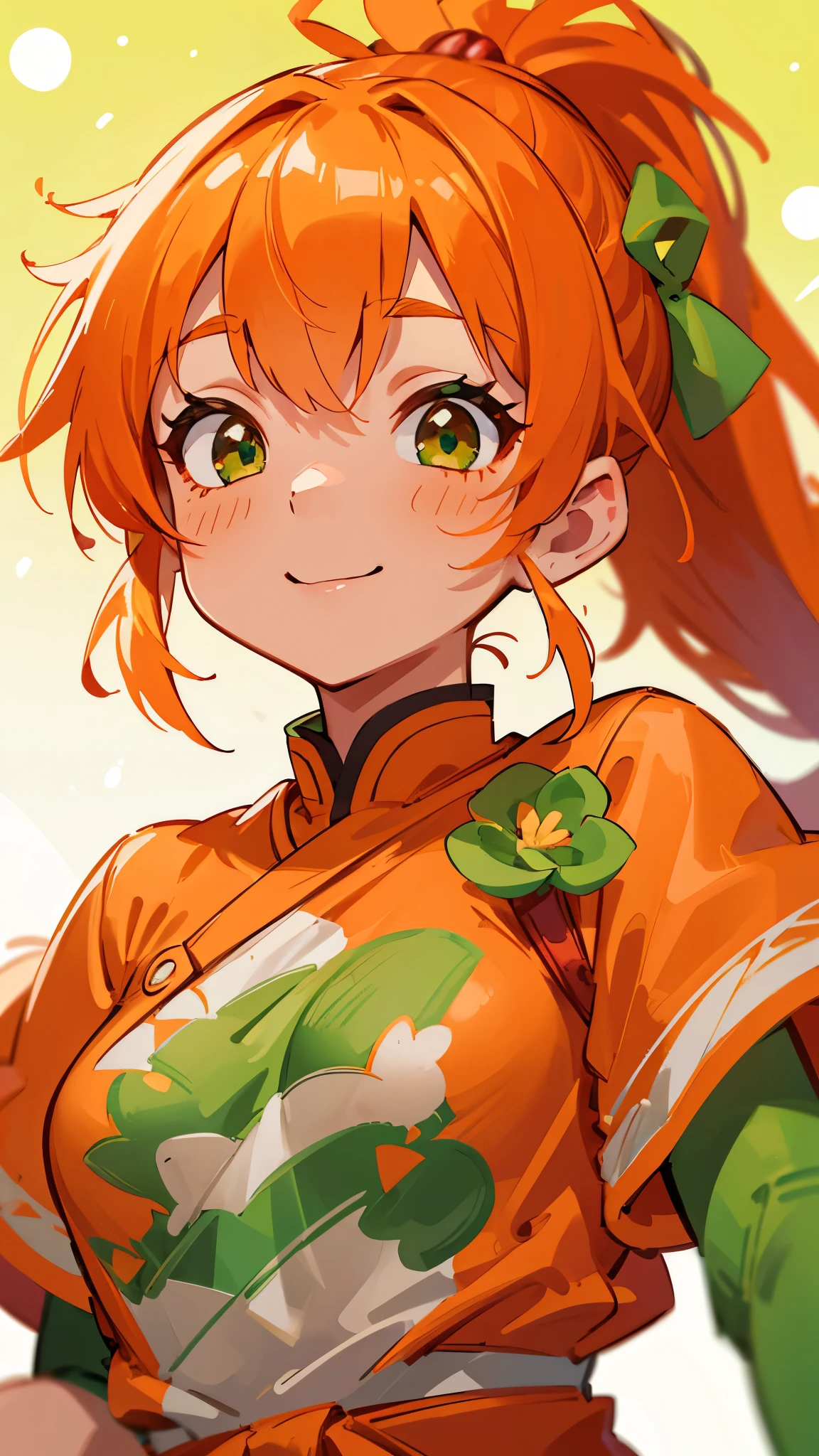 1 名女孩、8千、清晰聚焦、(散景) (最好的质量) (细致的皮肤:1.3) (复杂的细节) (日本动画片)、橙色的衣服、橙色头发、马尾辫、美丽的绿眼睛、邪恶的微笑、缠腰布、虾吉祥物、上半身特写