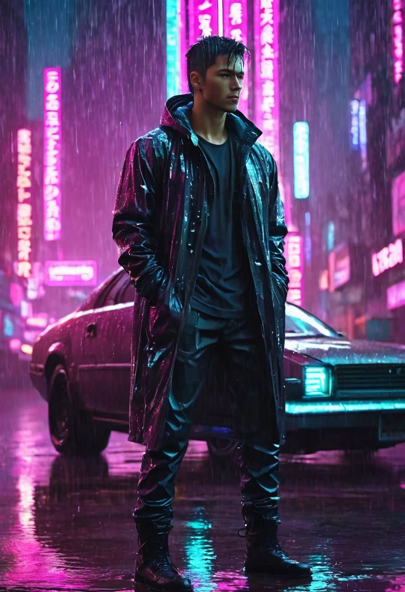 (work of art, best qualityer, high resolution, fondo de pantalla de unidad 32k, extremely detailed CG:1), (faint illustration on stage:1.0), ((1 handsome young man:1.55 por cyberpunk:1.5 )),(( Cyberpunk Night City:1.4)), futuristic cars neon signs,rain in a dark place, ((wet clothes magenta neon lights illuminating the young man perfectly:1.45) . 32k