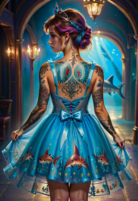 arafed, a picture of a ((shark tattoo: 1.5)) on the back of a (female elf: 1.3), of  glowing tattoo of a ((blue shark: 1.3)) the...